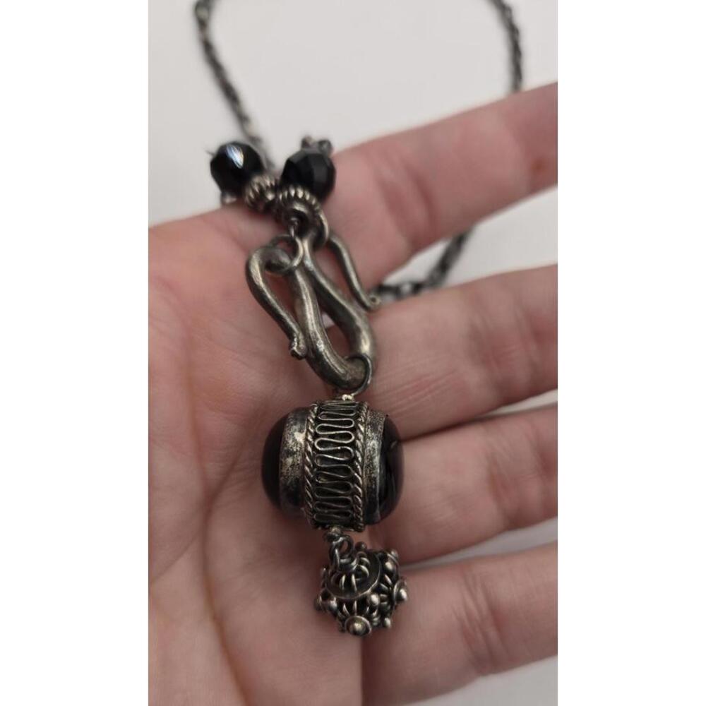 Silver (Tested) Black Onyx Stone Pendant Ethnic Necklace